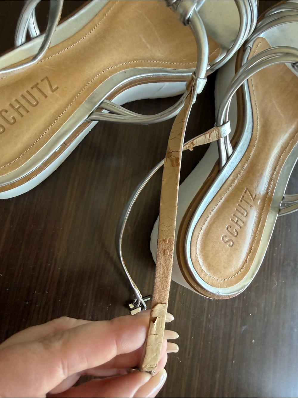 SCHUTZ Metallic Silver Knotted T-Strap Sandals - Picture 8 of 11